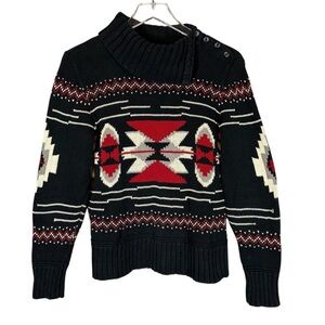 CHAPS Women's Small Aztec Southwestern Red & Black Asymetrical Neck Sweater